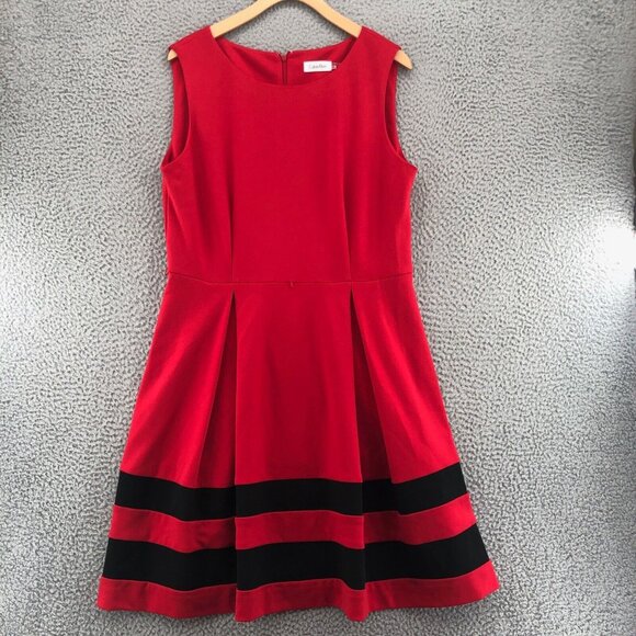 Calvin Klein Dress Womens 12 Red Stripe Fit & Flare Ponte Knit Stretch Pleated - Picture 1 of 10